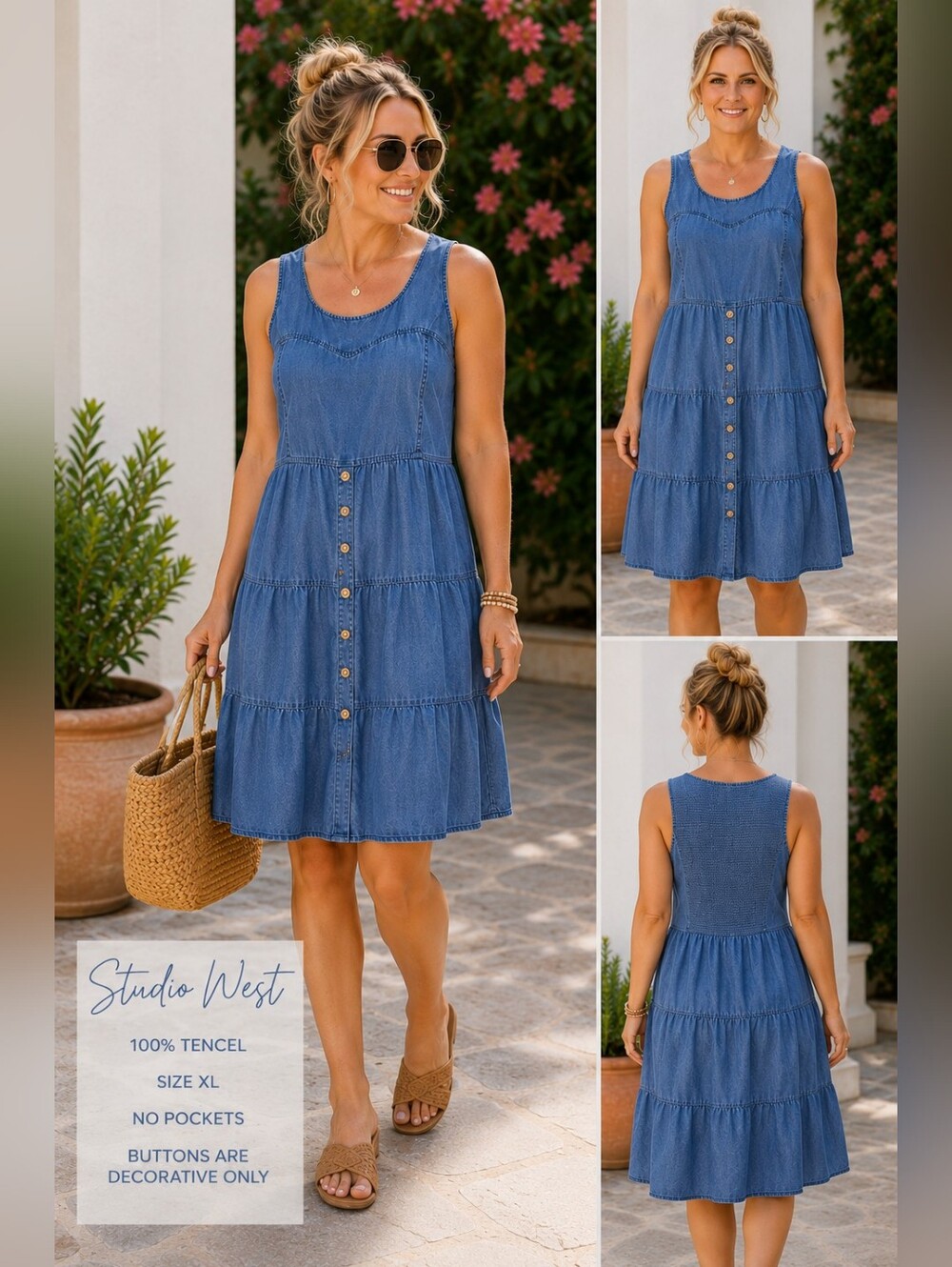 Studio West 100% Tencel Tiered Chambray Dress XL Smocked Back